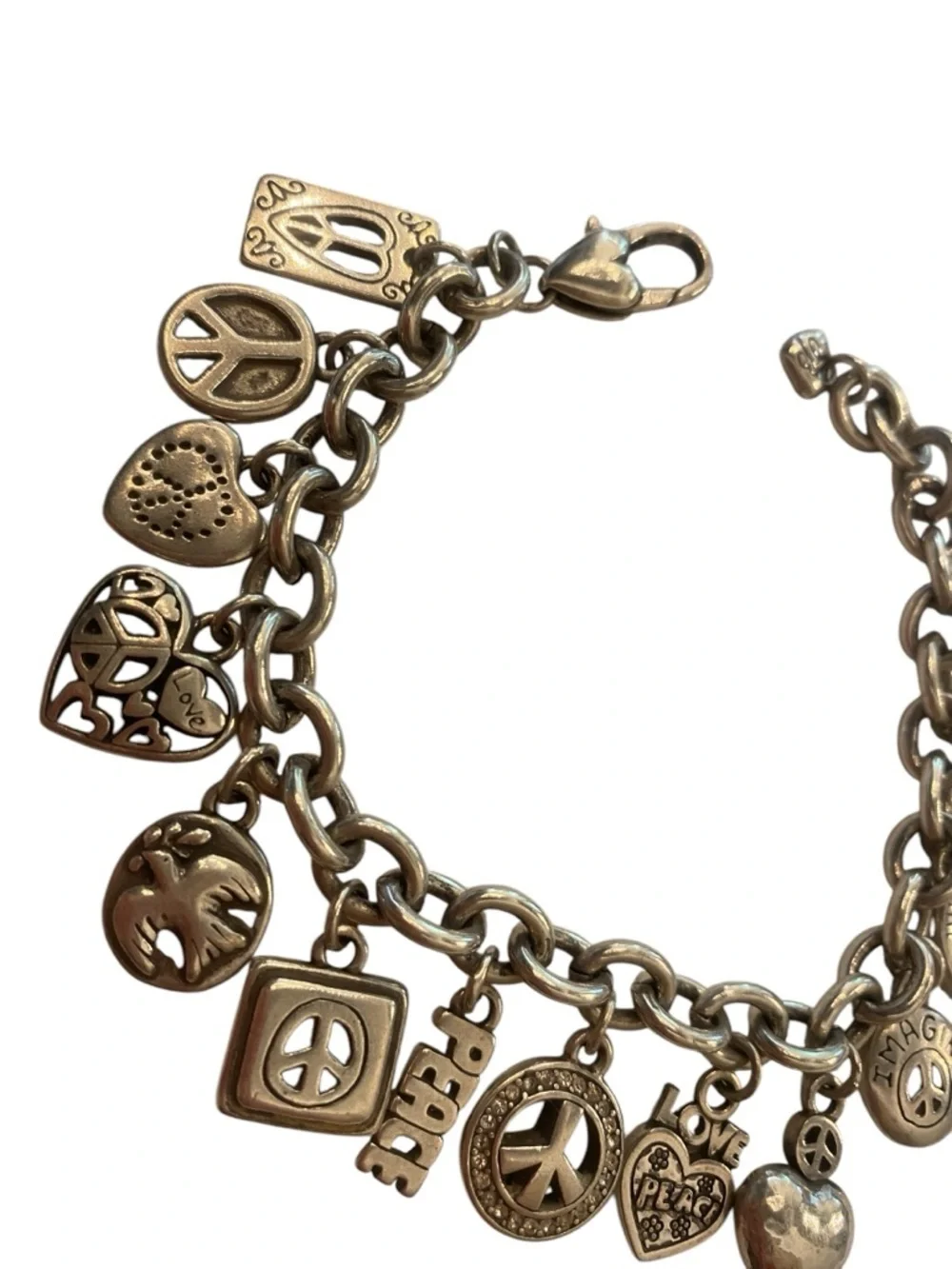 Brighton Women’s Peace Love Heart Silver Charm Bracelet Jewelry great condition